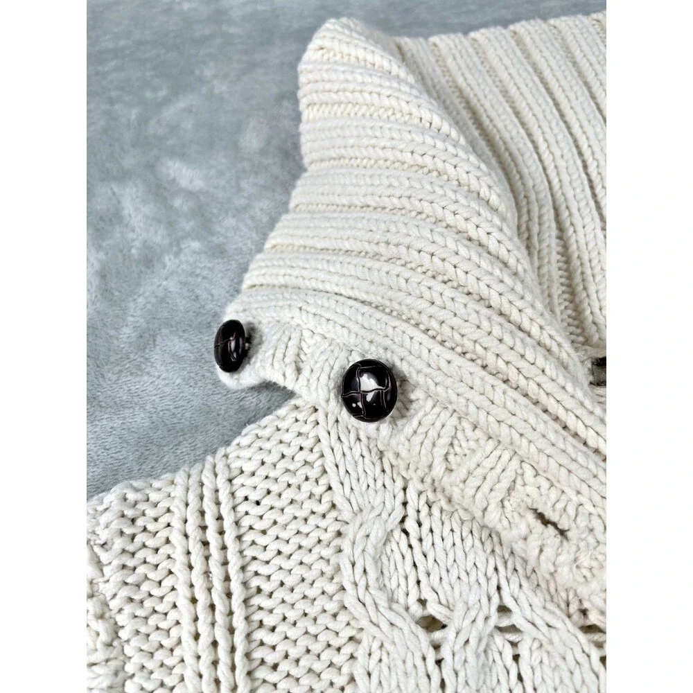 J.Crew Ivory Cable Knit Sweater M Button Funnel Collar Fisherman Preppy